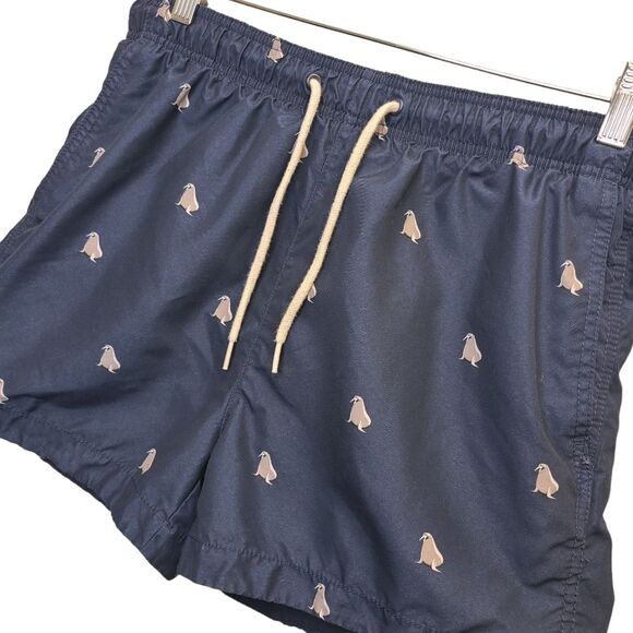 H&M Mens Navy Walrus Print Lined Swimming Trunks Shorts M - Picture 2 of 8